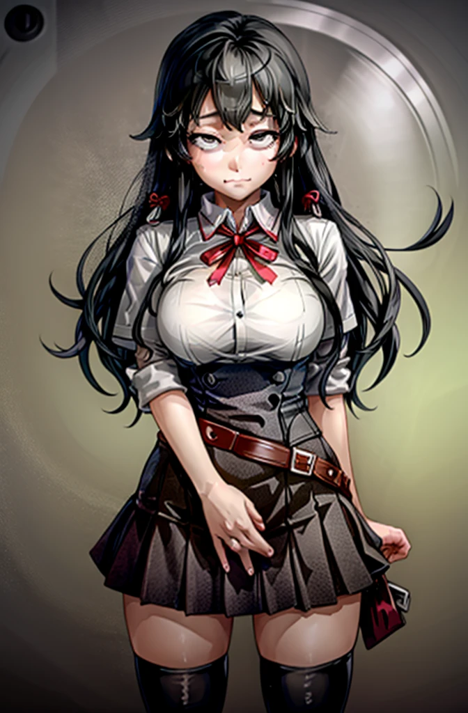 (full figure:1.1), 1 girl as yukino yukinoshita, absurdres, highres, solo, school uniform, big breasts, waist long black hair, (twintails:0.5), miniskirt, (black thighhigh socks:1.1), loose red ribbon, unbuttoned white shirt, (ahegao:1.1), (rolling eyes:1.1), (female masturbation:1.1)