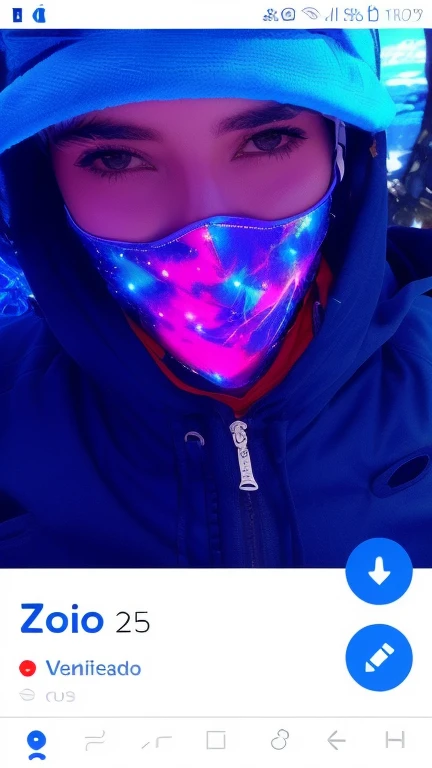 a closeup of a person wearing a face mask and a hood, smiling mask, rosto mascarado, Com filtros do Instagram, foto de perfil, em segundo plano, foto de perfil do discord, vibe assustadora, vestindo roupas espaciais, foto de perfil, vestindo um pescador 🧥, In the background, on a galaxy looking background, ( ( WMASK ) ), mascarado, vibrant aesthetic, imagem de perfil