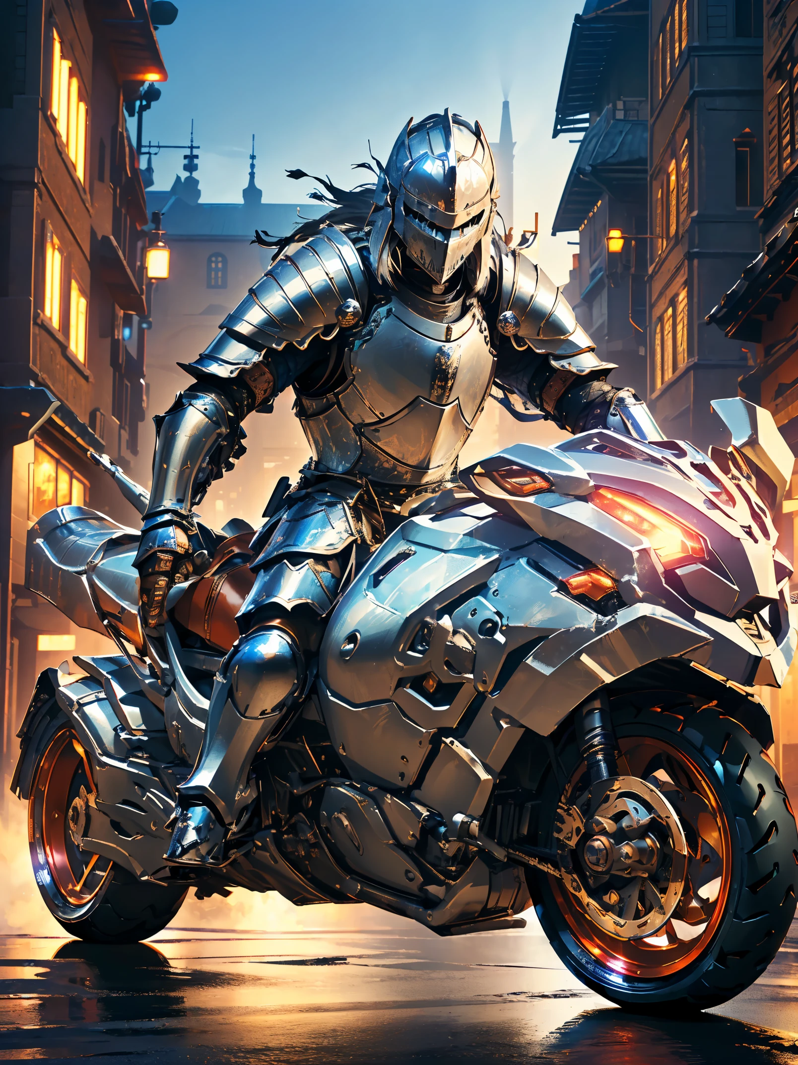 (8K, Best Quality, masutepiece:1.2), (Realistic, Photorealsitic:1.5), Ultra-detailed,Best Quality, awardwinning photo, Extreme Detail, very intricate, (((in armor, medieval knight, Riding a large motorcycle:1.5))), Eyes glow, there is an aura in the body, Smoke, ((longshot, FULL BODYSHOT)), dim lighting, SF world near future city, High quality, hight resolution, Professional Lighting,