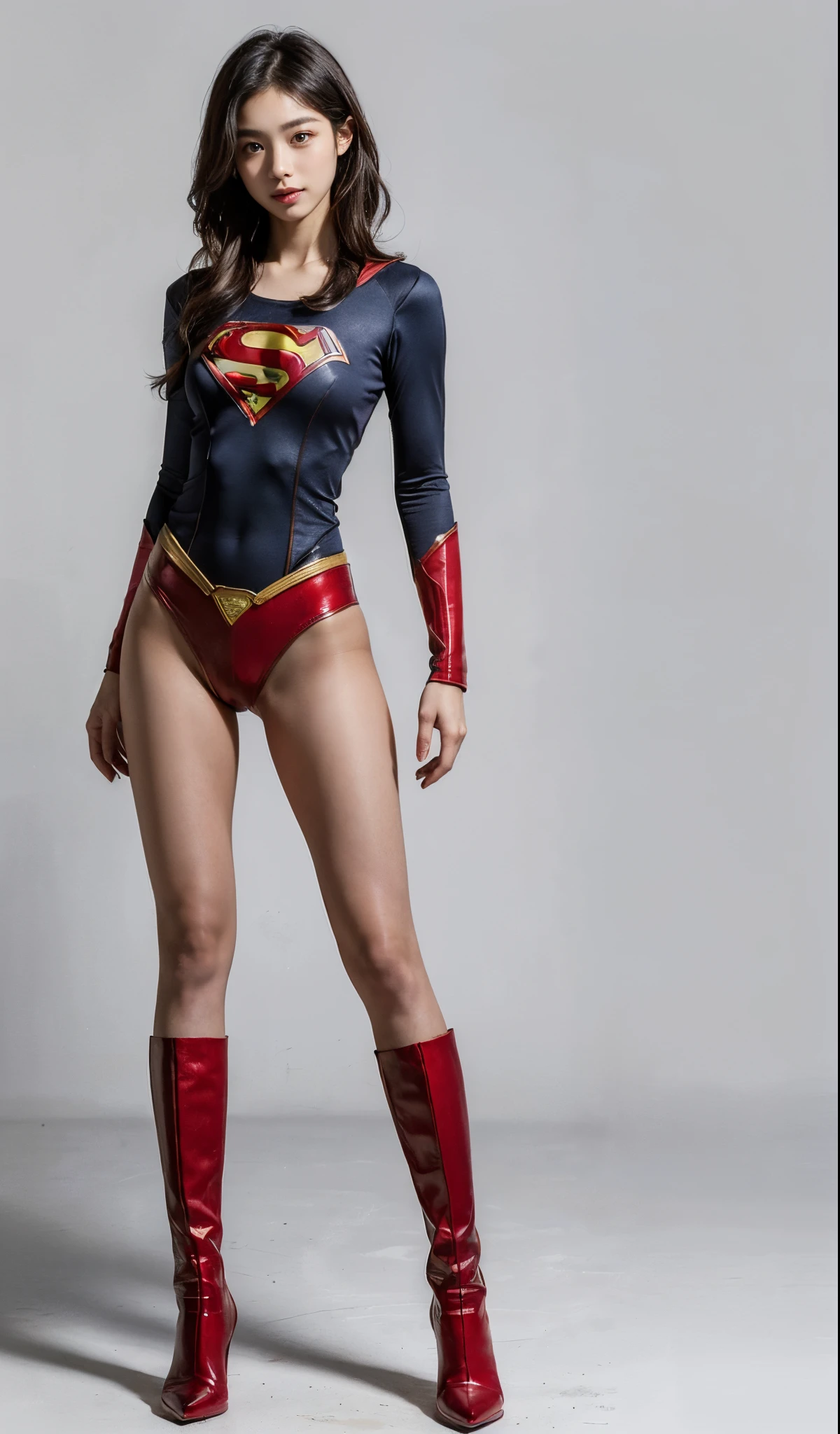 (((Wear black tights on your beautiful legs.)))、(((Grow legs、tall、Legal expression of the beauty of a smile)))、((((Make the most of the original image)))、(((Supergirl Costume)))、(((beautiful hairl)))、(((Suffering)))、(((Feet must necessarily be worn with black tights)))、(((You need to wear red boots)))、((Top image quality、8K))、((top-quality、8K、masterpiece:1.3))、(((keep background )))、Crisp focus:1.2、Beautiful woman with perfect body shape:1.4、Slender Abs:1.2、a wet body:1.5、Highly detailed facial and skin texture、8K