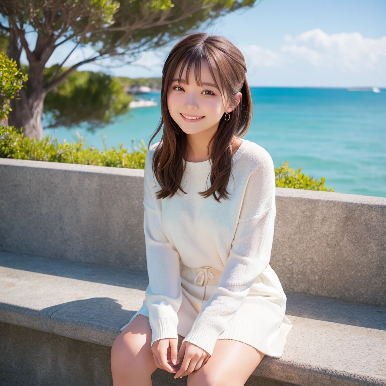 Good weather, sea view, bench, sitting, above the knees, white sweater, smile, brown hair, shoulder length,