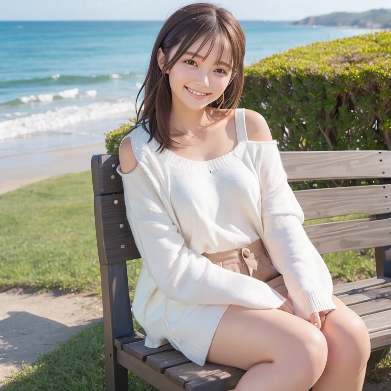 Good weather, sea view, bench, sitting, above the knees, white sweater, smile, brown hair, shoulder length,