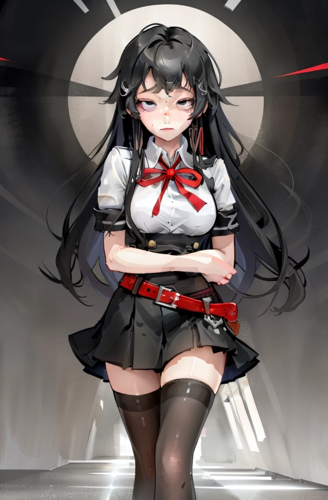 (full figure:1.1), 1 girl as yukino yukinoshita, absurdres, highres, solo, school uniform, big breasts, waist long black hair, (twintails:0.5), miniskirt, (black thighhigh socks:1.1), loose red ribbon, unbuttoned white shirt, (ahegao:1.1), (rolling eyes:1.1), (female masturbation:1.1)