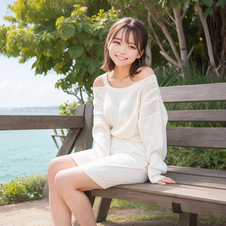 Good weather, sea view, bench, sitting, above the knees, white sweater, smile, brown hair, shoulder length,