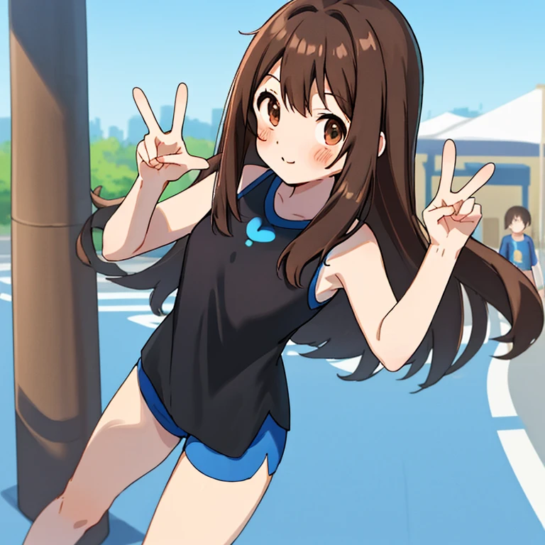 Brown hair long、Long sleeveless black T-shirt、Blue Sports Shorts、Open your legs and make a peace sign、Thigh exposure、espadrilles、to stand、In the street、Beautiful blue sky、high-level image quality、station、blushed face