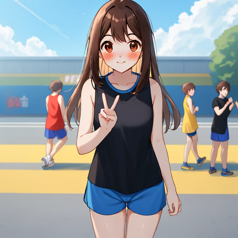 Brown hair long、Long sleeveless black T-shirt、Blue Sports Shorts、Open your legs and make a peace sign、Thigh exposure、espadrilles、to stand、In the street、Beautiful blue sky、high-level image quality、station、blushed face