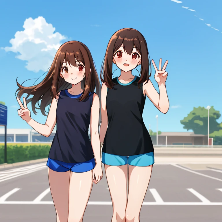 Brown hair long、Long sleeveless black T-shirt、Blue Sports Shorts、Open your legs and make a peace sign、Thigh exposure、espadrilles、to stand、In the street、Beautiful blue sky、high-level image quality、station、blushed face