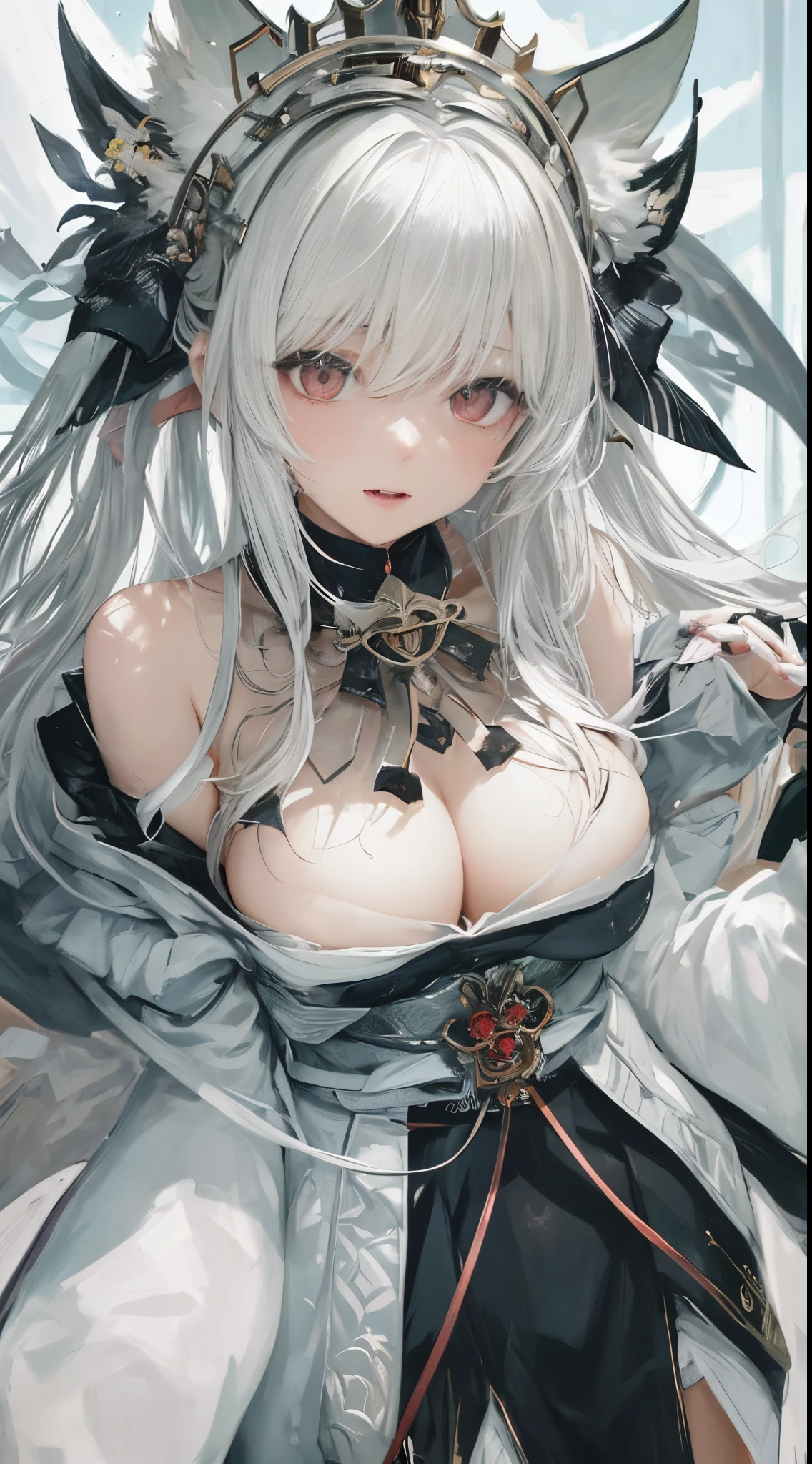 A girl with white hair, fluffy hair, an angelic halo, devil horns, a crown, heart-shaped pupils, heterochromia (different colored eyes), red eyes, yellow eyes, wide-open eyes, fox ears, beast mode, blushing, saliva, fingers smiling, drooling, Towa Kagawa, creepy, traces of saliva, excited, contemptuous, verbal invitation, glowing light, Japanese anime, gothic art, super detailed, 1080p.