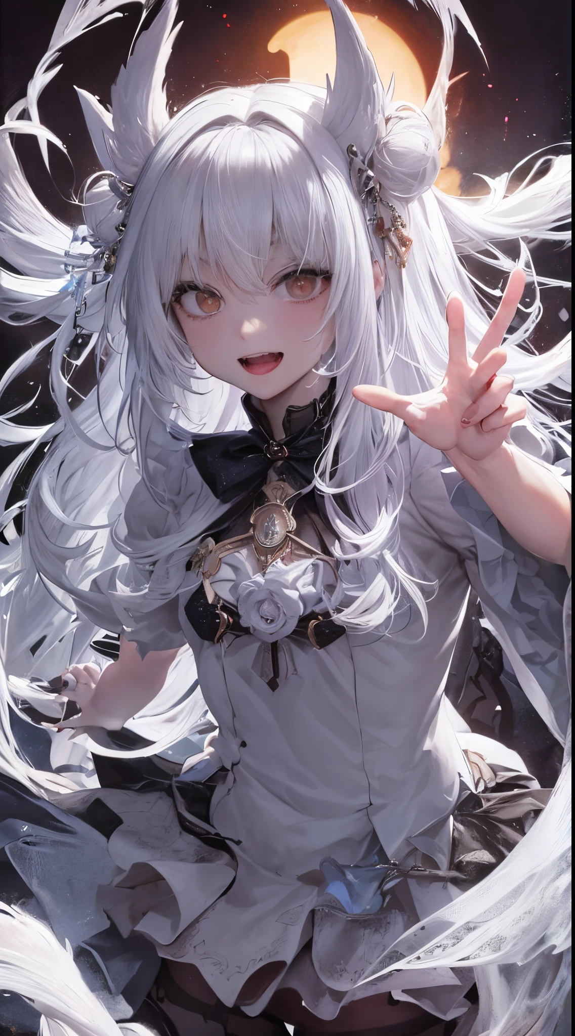 A girl with white hair, fluffy hair, an angelic halo, devil horns, a crown, heart-shaped pupils, heterochromia (different colored eyes), red eyes, yellow eyes, wide-open eyes, fox ears, beast mode, blushing, saliva, fingers smiling, drooling, Towa Kagawa, creepy, traces of saliva, excited, contemptuous, verbal invitation, glowing light, Japanese anime, gothic art, super detailed, 1080p.