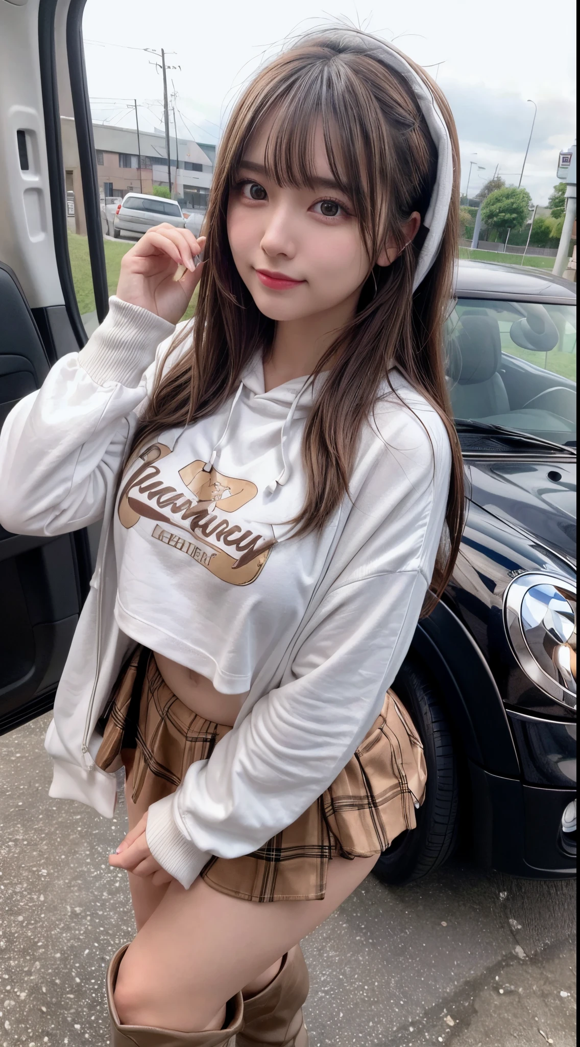 masterpiece, best quality, ultra detailed, high quality, detailed, hyper detailed, insanely detailed, exquisite, beautiful, 8K, absurdres, highres, 4K, a girl, smiling, standing, looking at viewer, long hair, straight hair, brown hair, brown eyes, tareme, droopy eyes, shiny skin, detailed skin, detailed face, glamorous, voluptuous, beautiful breasts, beautiful ass, curvy, (idol, long-sleeved t-shirt, hoodie, mini skirt, boots:1.3), delicate facial features, cute face, japanese idol, curvy, 20-year-old, japanese, (in the car:1.3), with a window, with a door, ultra realistic photo, raw photo, photorealistic, real person, nsfw, cowboy shot, front view, from below, depth of field, cinematic lighting, sharpen