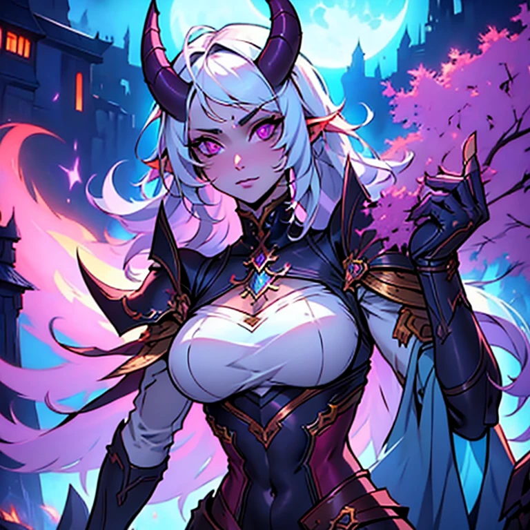 masterpiece, highest quality, (solo focus), (perfect face:1.1), (high detail:1.1), (hyper detailed eyes), dramatic, a tiefling womam with pale skin and long voluminous white hair, purple eyes, solo, long hair, purple horns, toned body, athletic body, moon, night, metal-plated armor, arrogant expression, forest, detailed background, cinematic lighting