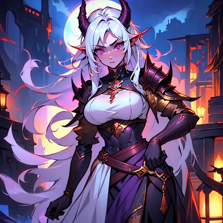 masterpiece, highest quality, (solo focus), (perfect face:1.1), (high detail:1.1), (hyper detailed eyes), dramatic, a tiefling womam with pale skin and long voluminous white hair, purple eyes, solo, long hair, purple horns, toned body, athletic body, moon, night, metal-plated armor, arrogant expression, forest, detailed background, cinematic lighting