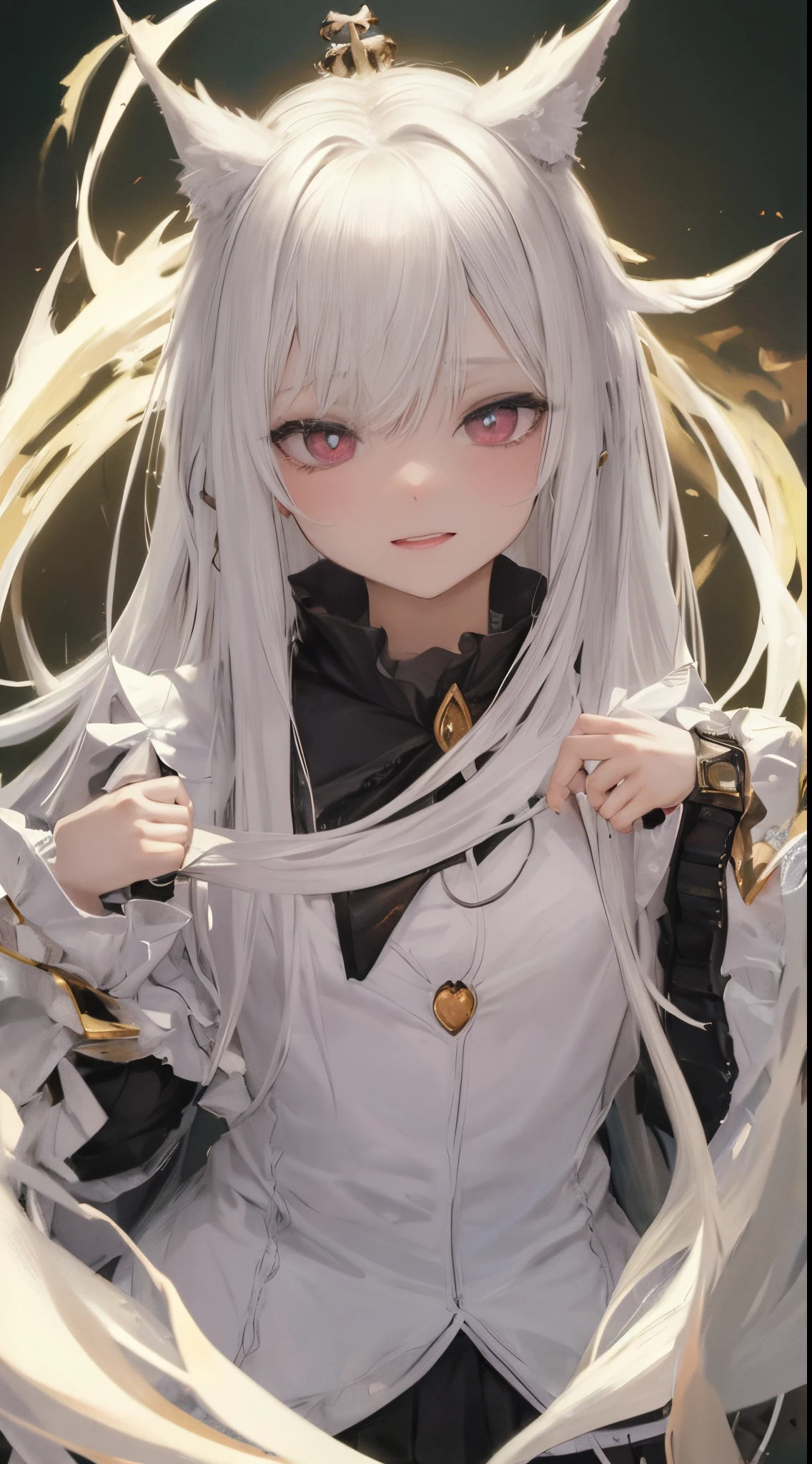 A girl with white hair, fluffy hair, an angelic halo, devil horns, a crown, heart-shaped pupils, heterochromia (different colored eyes), red eyes, yellow eyes, wide-open eyes, fox ears, beast mode, blushing, saliva, fingers smiling, drooling, Towa Kagawa, creepy, traces of saliva, excited, contemptuous, verbal invitation, glowing light, Japanese anime, gothic art, super detailed, 1080p.