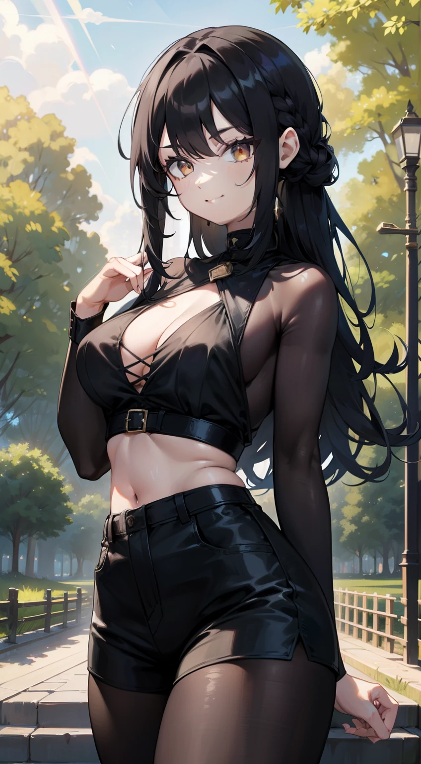 (masterpiece), (best quality), (4k resolution), (anatomy; perfect), 1 adult goth girl, fair skin, brown eyes, (big black hair), (locks, bangs), hair tied on both sides, (light effects on hair), eyebrow, nose, ear, tight mouth, smile, short black blouse, short black shorts, tight tights, (big chest), (perfect belly), (perfect waist), thick legs, thick thighs , standing, backdrop, in the park, beautiful day, lighting, looking at viewer