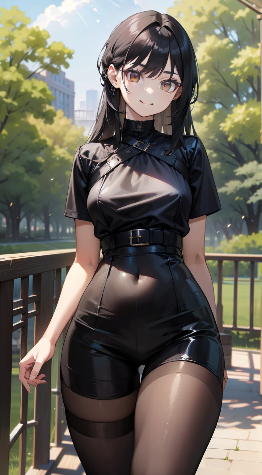 (masterpiece), (best quality), (4k resolution), (anatomy; perfect), 1 adult goth girl, fair skin, brown eyes, (big black hair), (locks, bangs), hair tied on both sides, (light effects on hair), eyebrow, nose, ear, tight mouth, smile, short black blouse, short black shorts, tight tights, (big chest), (perfect belly), (perfect waist), thick legs, thick thighs , standing, backdrop, in the park, beautiful day, lighting, looking at viewer