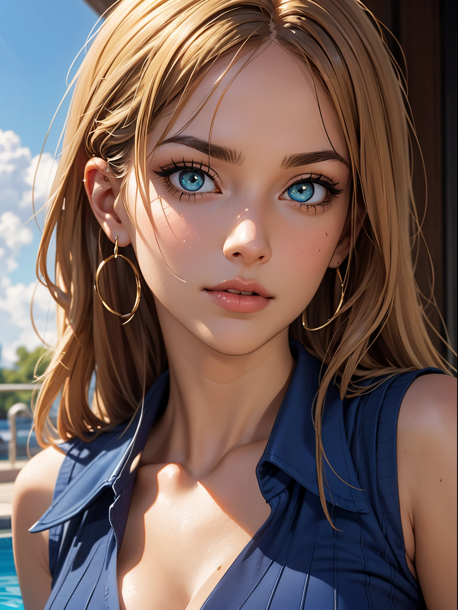 masutepiece, Best Quality, High quality, High Definition, high quality texture, high quality shadow, high detailing, Beautiful detailed, Finely detailed, extremely details CG, Detailed texture, realistic representation of face, Realistic, Colorful, Delicate, Cinematic Light, side lights, Lens Flare, Ray tracing, Sharp Focus, (Intricate details), (Detailed beautiful delicate face, Detailed beautiful delicate eyes, A perfectly proportioned face, High detailed skin, Detailed skin, best ratio four finger and one thumb, upperbody shot,  (Large breasts), (cleavage),  ((Smooth texture, Realistic texture, Photorealistic)),  (Detailed beautiful eyes, Beautiful eyelashes, Green eyes), (((green eyes))), (golden semi-long hair), (((golden hair))), 1 girl,  at poolside,  (((blue sailor shirt, Sleeveless, Open front))),   (Beautiful face, Cute face, Detailed face),   Sunny, Perfect Eyes Eyes