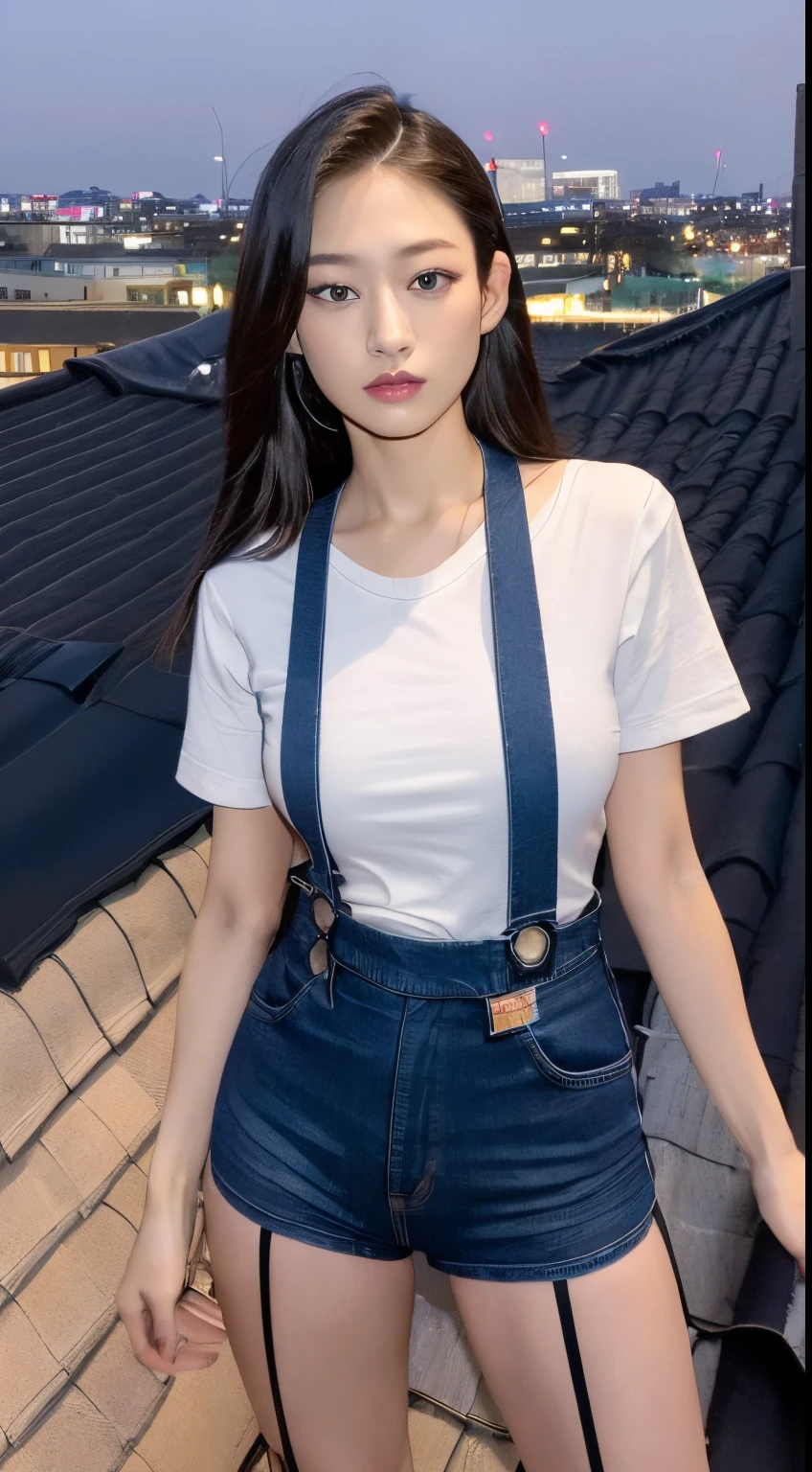 ((Midnight, Acura, 8K, Masterpiece:1.3)), Full body, Long legs, Focal length: 1.2, Perfect Body Beauty: 1.4, Slim Abs: 1.1, ((Dark Brown, :1.2 )), (White Skinny T-shirt, denim suspenders, Standing: 1.2), ((City Night, Roof: 1.3)), Highly detailed face and skin texture, Fine eyes, Double eyelids