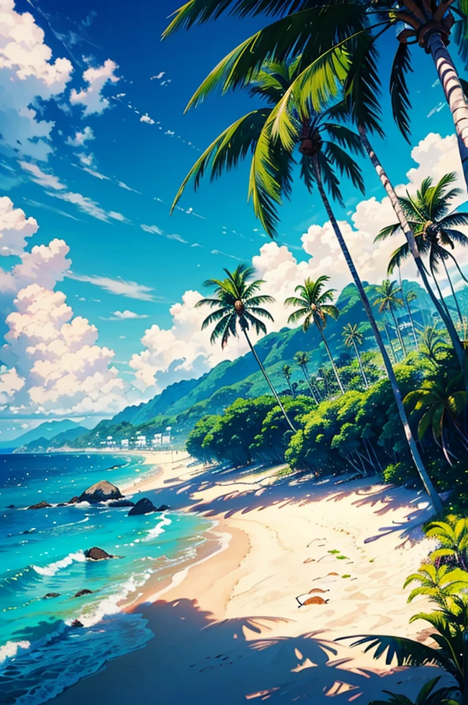 ​masterpiece、top-quality、超A high resolution、 [ 4 k digital art ]!!、 8k high quality detailed art、Wallpaper、 Detailed Digital Anime Art、Realisticity、Cinema Angle、((There are no people))、 (((Beautiful tropical beach landscape photography)))、light Particle、llight rays、Tropical、Against the background of palm trees on both sides、Sun-drenched beaches、Sea, Sky and clouds、