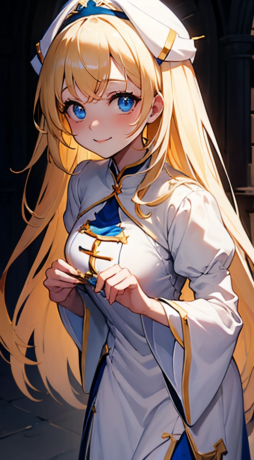 (((masterpiece))) Priestess wearing white blue priestess dress, blonde hair, human girl, in a bright church, innocent smile,