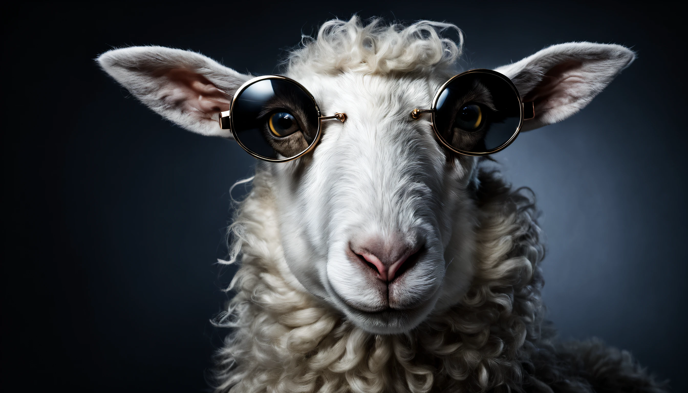 portrait of an anthropomorphic sinister sheep, facing the camera, wearing sunglasses , Armani art suite, looking at the camera, black background, magazine photoshoot, Time magazine cover, professional photoshoot lighting, soft box