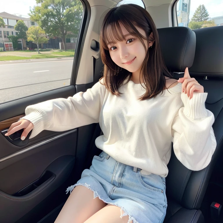 Passenger seat in a car, above the knees, white sweater, smile, brown hair, shoulder length,
