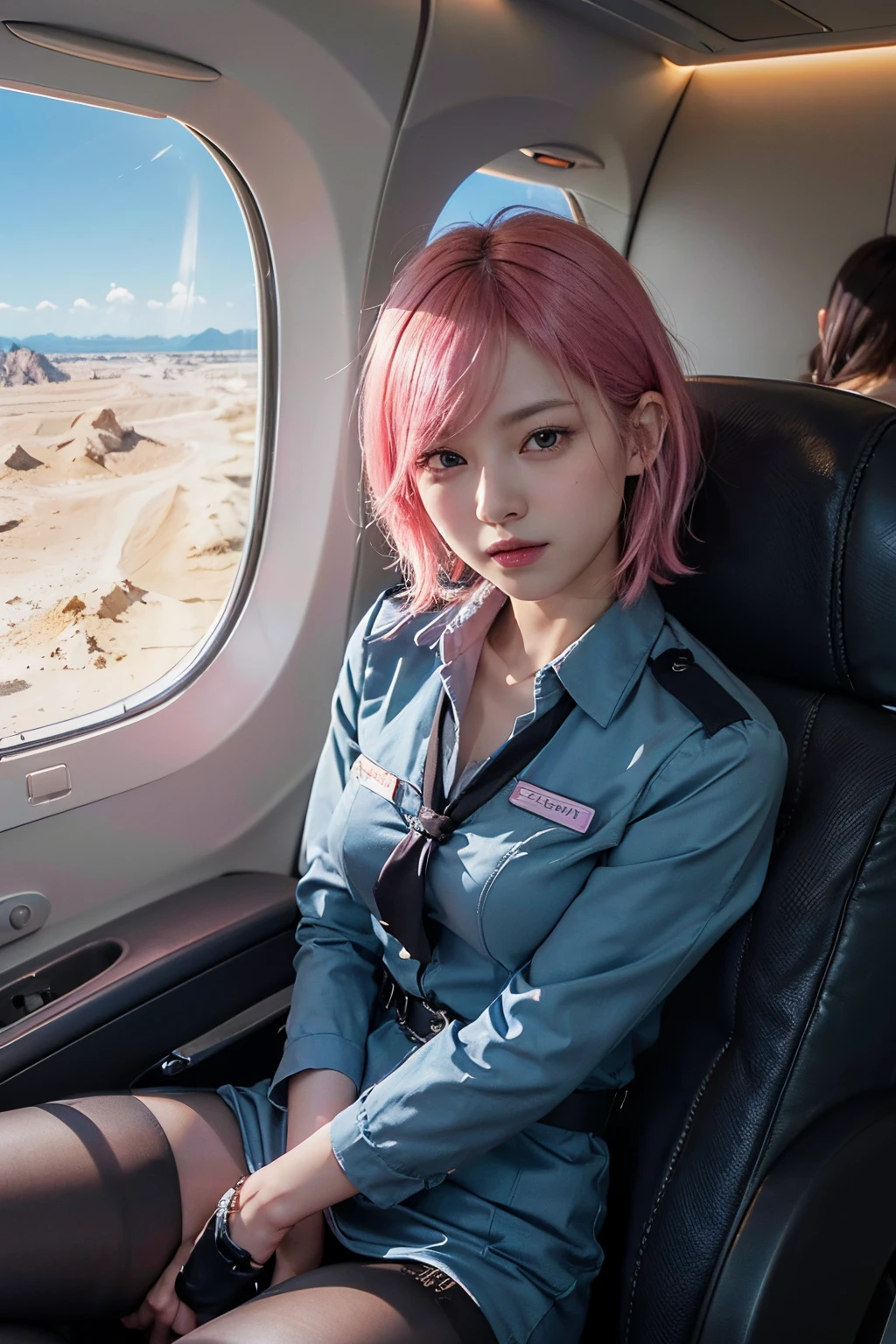 (8K, quality, tmasterpiece:1,2), (Realistic, calcareous rock:1.37), super detailing, one-girl,), (The is very detailed), (美丽细致的眼睛), (Highest quality), (超詳細 ), (tmasterpiece), (详细的脸),20yr old, ,1 girl, full bodyesbian, with pink hair,Very short hair, medium, Dressed, perfect litthing, looking at viewert, Excited face, naghty face, Accurate aircraft interior ((mid air, Female flight attendant, Dark blue female stewardess outfit, blackstockings))