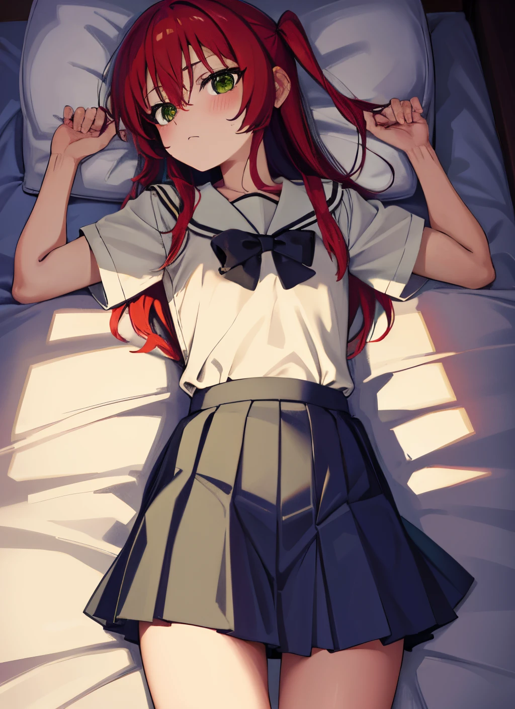 kitaikuyo, ikuyo kita, (green eyes:1.5), hair between eyes, long hair, one side up, red hair, (flat chest:1.2),
BREAK black footwear, black skirt, grey sailor collar, pleated skirt, sailor collar, school uniform, shoes, short sleeves, shuka high school uniform, skirt,,
BREAK looking at viewer,
BREAK indoors, classroom,
BREAK (masterpiece:1.2), best quality, high resolution, unity 8k wallpaper, (illustration:0.8), (beautiful detailed eyes:1.6), extremely detailed face, perfect lighting, extremely detailed CG, (perfect hands, perfect anatomy),up chest.big breasts.Sad face.closed mouth.PILLOWS.a bed.