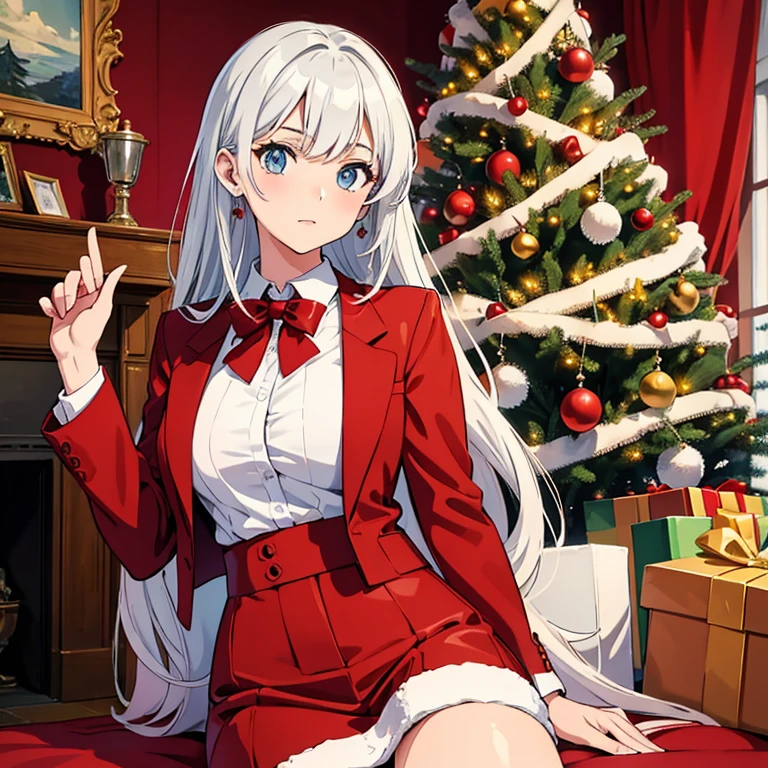 Beautiful eyes, girl looking at the Christmas tree, indoors, Christmas, white theme, red theme, shirt, blazer suit, official art, high quality, production art, novel illustration, best, high resolution, highest quality, award-winning A very detailed, masterpiece, by a famous artist, super extreme details