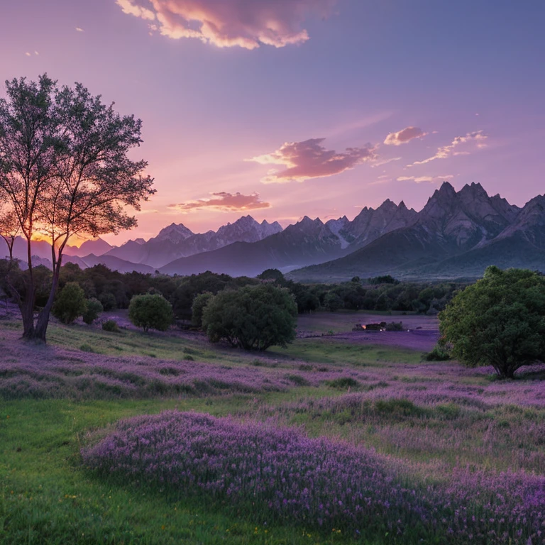 Light purple sky,purple meadow,two big trees,mountains far away,Sunset,At dusk