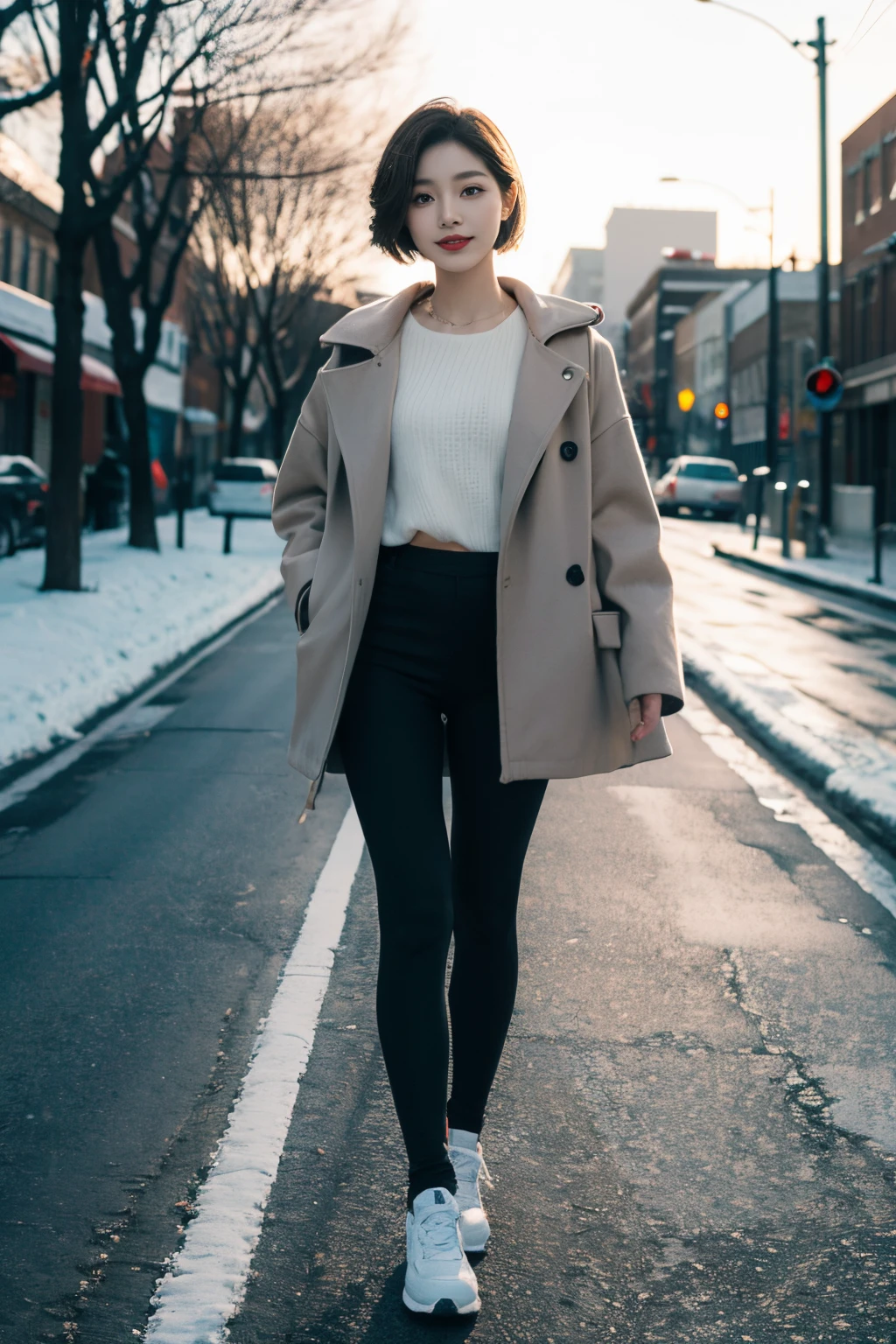 Best quality, 4K, 8K, Detailed faces, Clear face, fully body photo，beuaty girl, Korean makeup, Redlip, smilingly, perfect body figure,shoulder-length short hair,small,legs long,Slim,thin, girl wearing long and wide coat, Underneath the jacket is a top tube and leggings, lower abdom, snow landscape, Winters, the street,