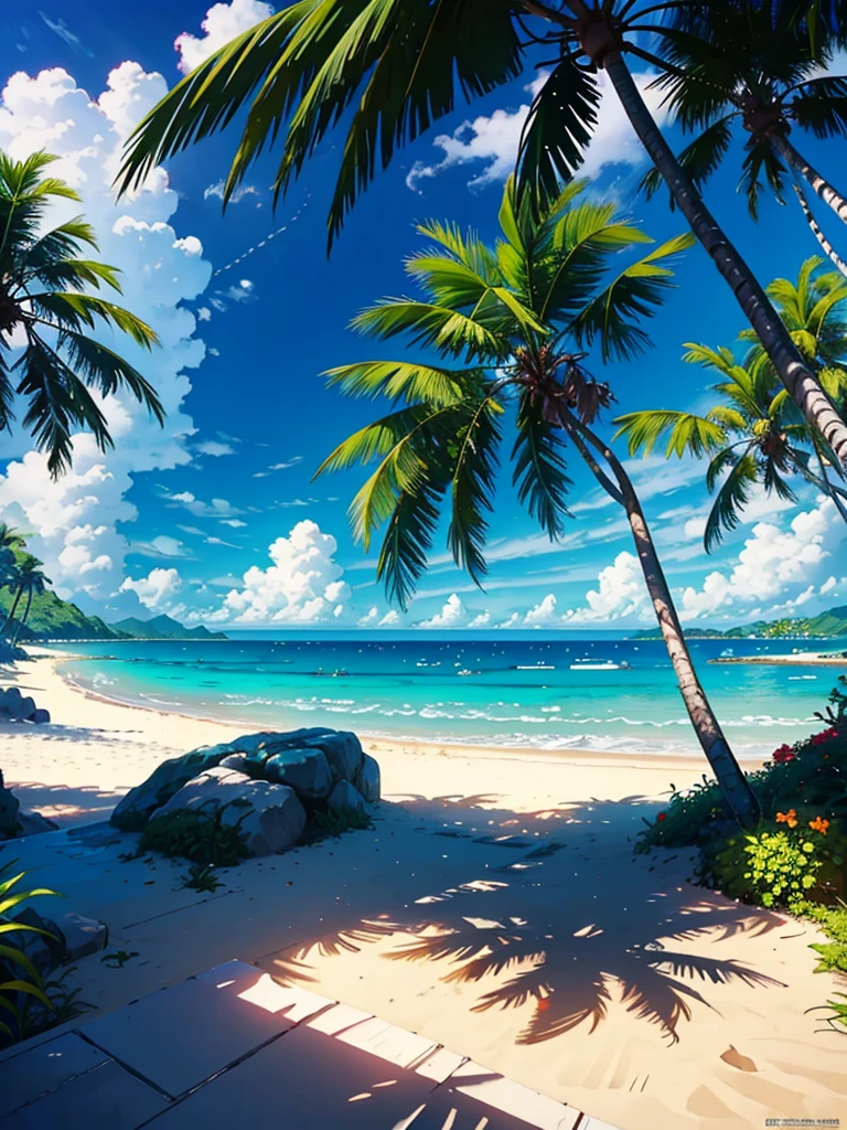 ​masterpiece、top-quality、超A high resolution、 [ 4 k digital art ]!!、 8k high quality detailed art、Wallpaper、 Detailed Digital Anime Art、Realisticity、Cinema Angle、((There are no people))、 (((Beautiful tropical beach landscape photography)))、light Particle、llight rays、Tropical、Against the background of palm trees on both sides、Sun-drenched beaches、Sea, Sky and clouds、