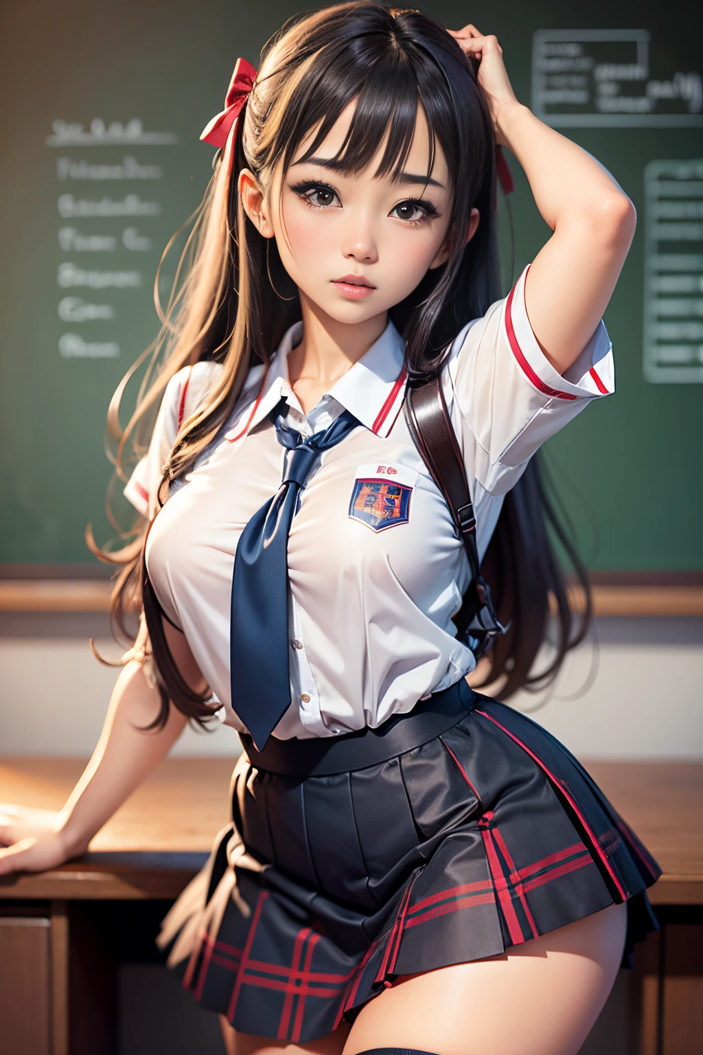 arafed asian woman, waifu, bending on teacher desk, miniskirt, christmas decorations in the classroom, sexy uniform, in a school uniform posing in front of a blackboard with christmas decorations, a hyperrealistic schoolgirl, hyperrealistic schoolgirl, waifu, cyber school girl, realistic schoolgirl, seifuku, dressed as schoolgirl, japanese girl school uniform, japanese school uniform, school girl, cute schoolgirl, wearing japanese school uniform, , beautiful anime high school girl