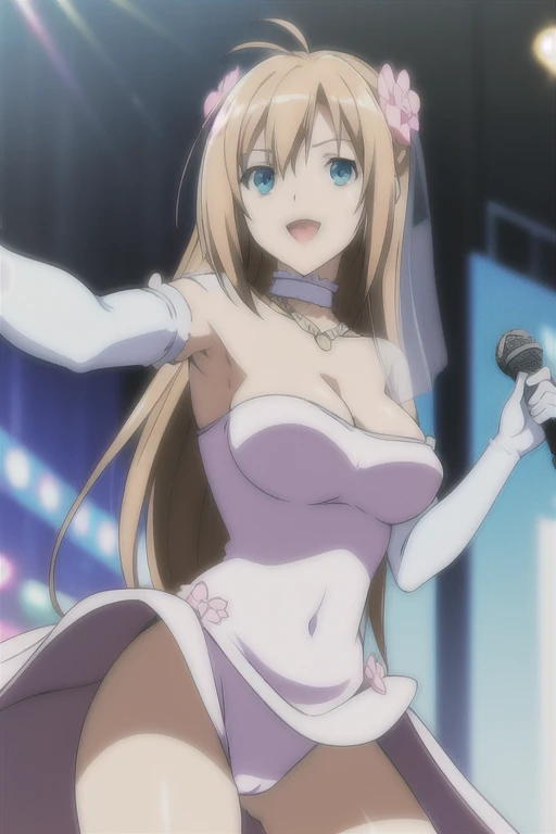 (((Best quality))), ((Ultra-detailed)), ((illustration)), ((Disheveled hair)), ((frilld)), (1 girl),(Solo), 1girl, bare shoulders, blue eyes, blurry background, dress, earrings, elbow gloves, gloves, holding, holding microphone, jewelry, long hair, looking at viewer, microphone, music, open mouth, outstretched arm, outstretched hand, singing, smile, solo, white gloves, blurry, blurry foreground, depth of field, foreshortening, motion blur