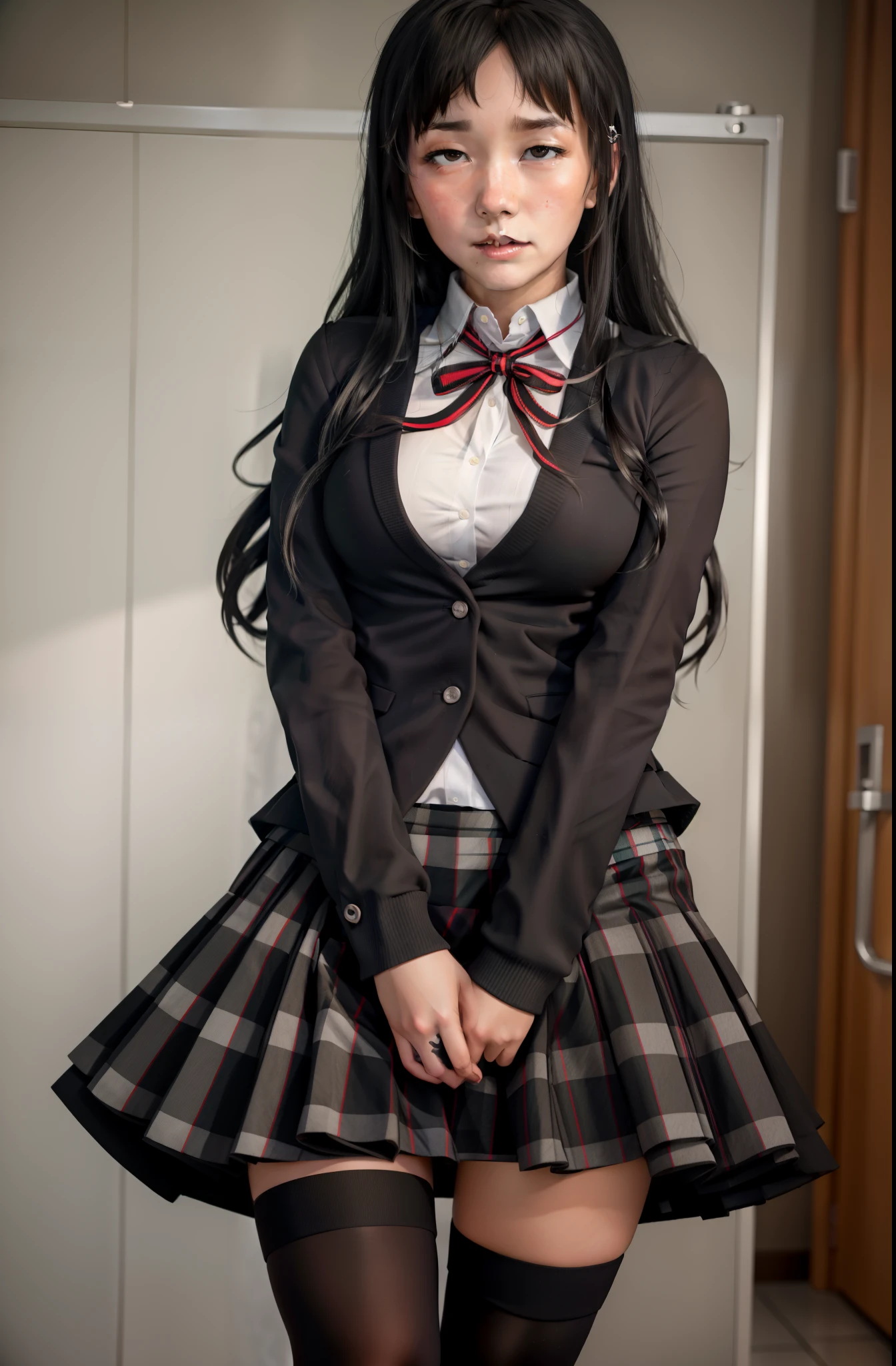 (full figure:1.1), 1 girl as yukino yukinoshita, absurdres, highres, solo, school uniform, big breasts, waist long black hair, (twintails:0.5), miniskirt, (black thighhigh socks:1.1), loose red ribbon, unbuttoned white shirt, (ahegao:1.1), (rolling eyes:1.1), (female masturbation:1.1)