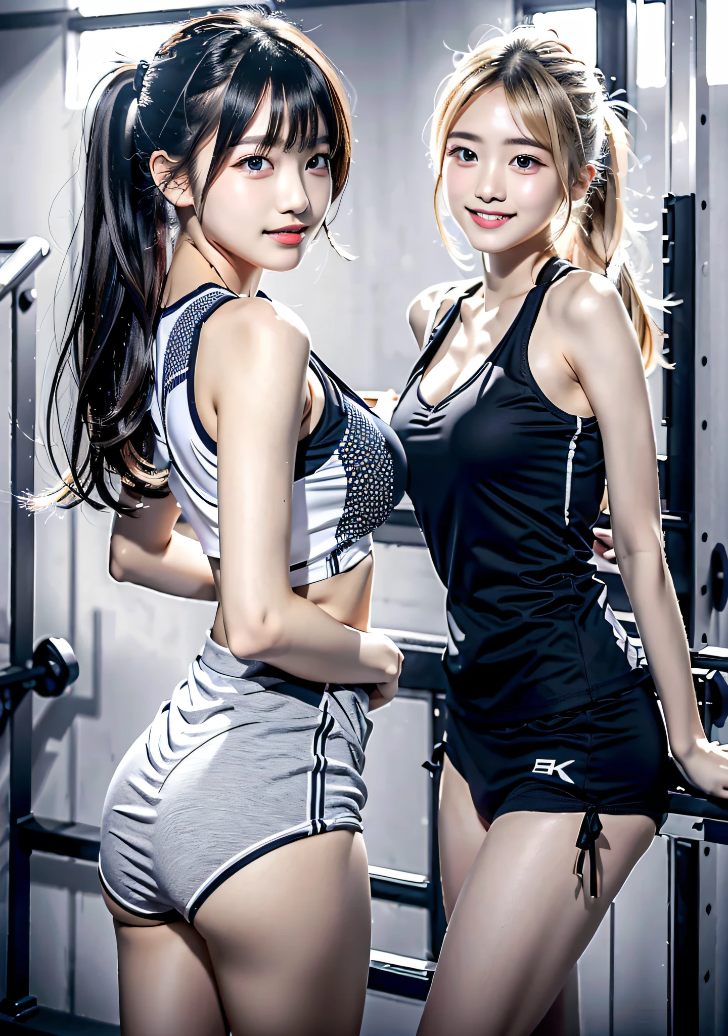 best resolution, 2heads,  half-body shot, korean woman with two heads , white hair, black hair,  short hair and  long hair,  different faces, gymnastics attire, gym background