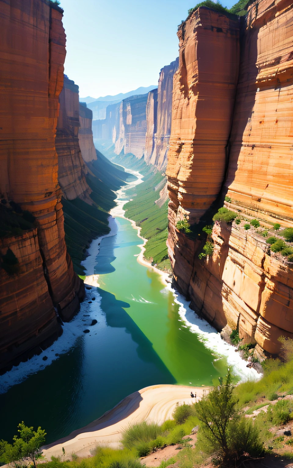 un valle verde con un rio serpenteante, It is a wide canyon between mountains, montes a los lados, de fondo una bonita puesta de sol, verde praderas rodeando el rio. Rio muy sinuoso, grandes praderas