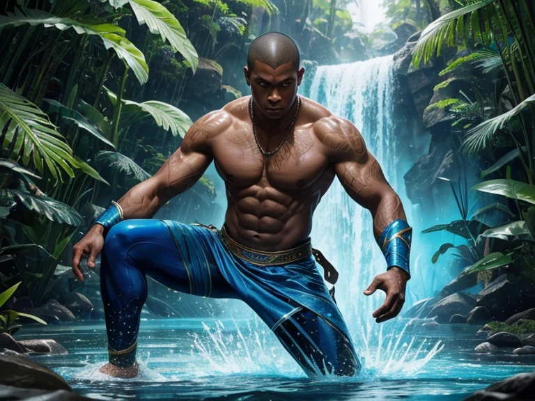 waterbender, water element warrior, Arte no estilo de Michael Dante DiMartino, Athletic man, mixed race of aziatic descent, dark skin, natural skin tone, using Abadá in blue capoeira, efeito da agua entorno do corpo, amazon rainforest scenery, imagens 4k ultra HD.