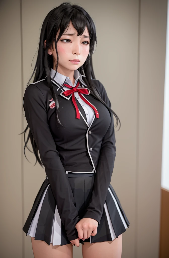 (full figure:1.1), 1 girl as yukino yukinoshita, absurdres, highres, solo, school uniform, big breasts, waist long black hair, (twintails:0.5), miniskirt, (black thighhigh socks:1.1), loose red ribbon, unbuttoned white shirt, (ahegao:1.1), (rolling eyes:1.1), (female masturbation:1.1)