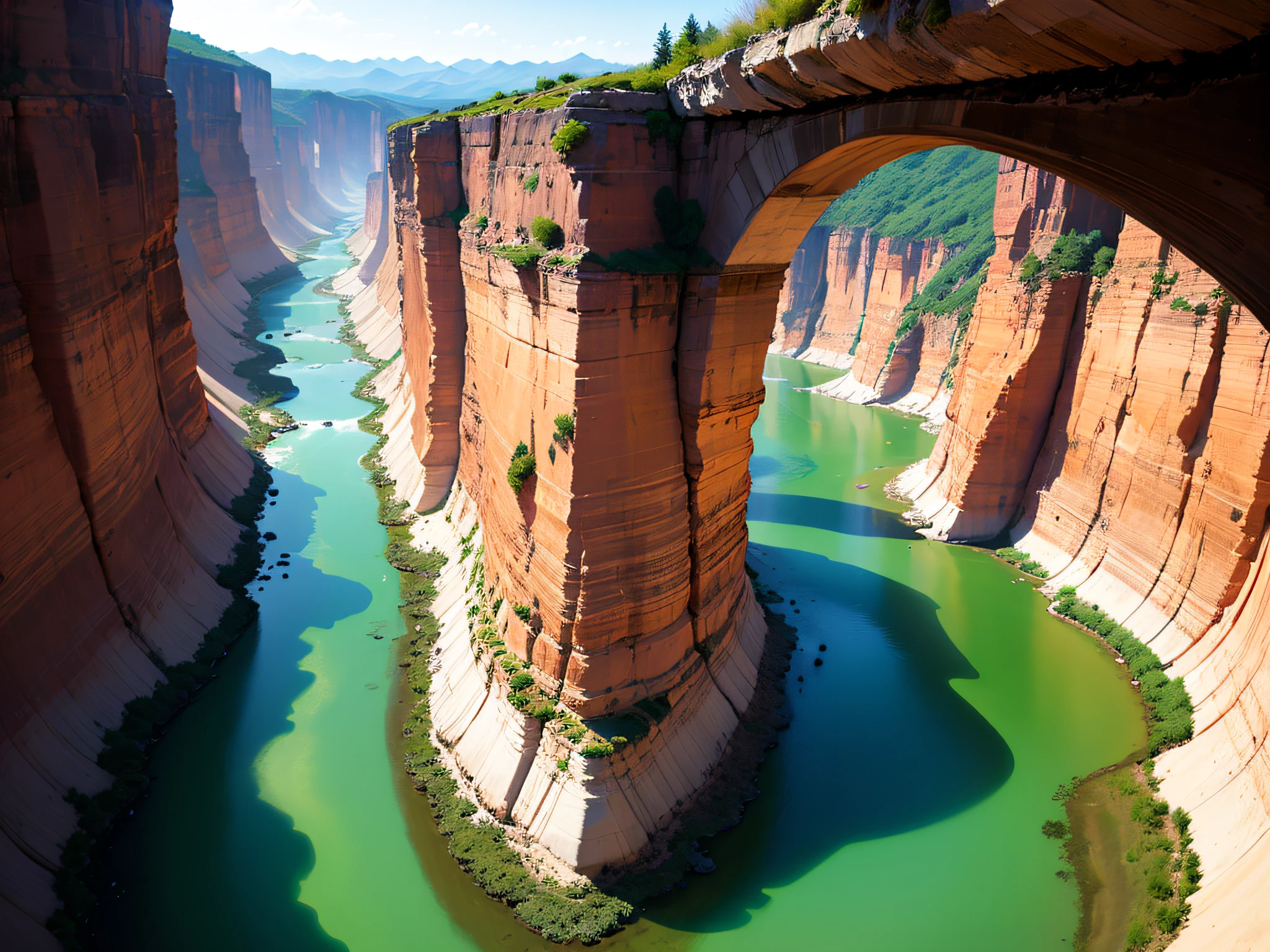 un valle verde con un rio serpenteante, It is a wide canyon between mountains, montes a los lados, de fondo una bonita puesta de sol, verde praderas rodeando el rio. Rio muy sinuoso, grandes praderas