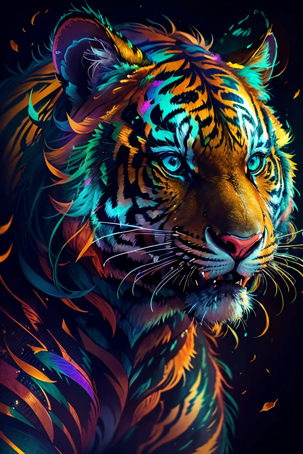 Iridescent tiger on black background, 4 k, ((iridescent tiger)), vivid,