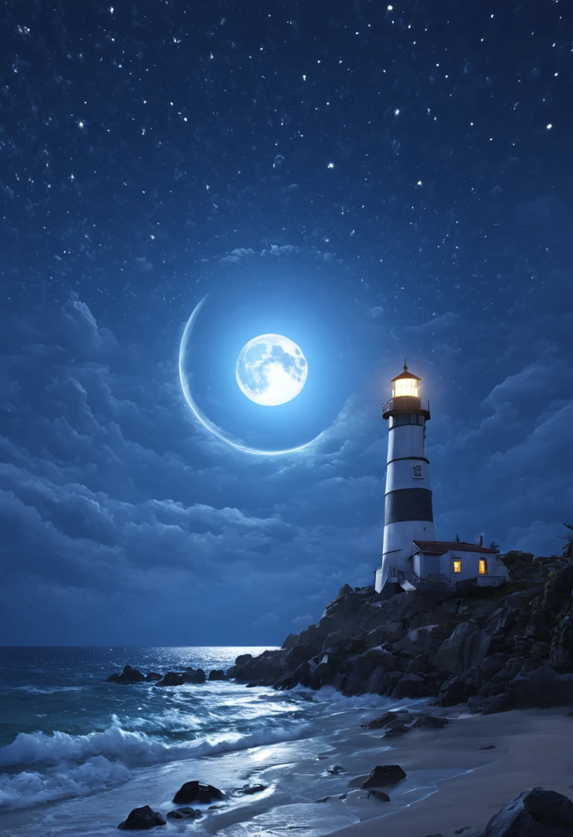 The nearby beach is dotted with colorful glowing stones in the distance,There is a lighthouse,large moon,Fluorescent ocean,Moonlight and shining stars 3d,Ultra-wide viewing angle,bird's eyes view,Moonlight fills the stars on the sea,reflector,CG,volumettic light,space art,Bio-luminescence,Unreal Engine5,Magic Light,Ultra-wide viewing angle,bird's eyes view,Ultra-wide viewing angle,8k 8k ar 9 16 zoom MJK relax moon,large moon,rays of moonlight,urea,8K ultra-clear picture quality