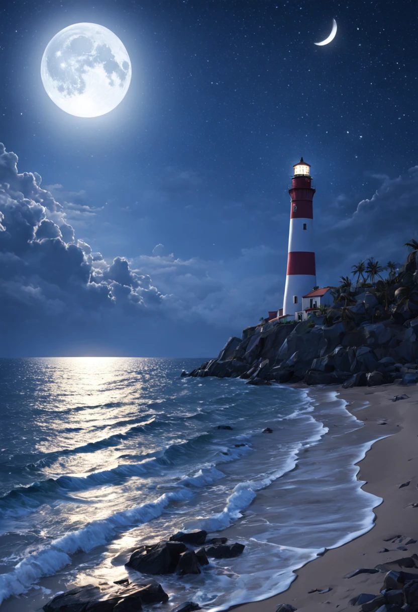 The nearby beach is dotted with colorful glowing stones in the distance，There is a lighthouse，large moon，Fluorescent ocean，Moonlight and shining stars 3d，Ultra-wide viewing angle，bird's eyes view，Moonlight fills the stars on the sea，reflector，CG，volumettic light，space art，Bio-luminescence，Unreal Engine5，Magic Light，Ultra-wide viewing angle，bird's eyes view，Ultra-wide viewing angle，8k 8k ar 9 16 zoom MJK relax moon，large moon，rays of moonlight，urea，8K ultra-clear picture quality