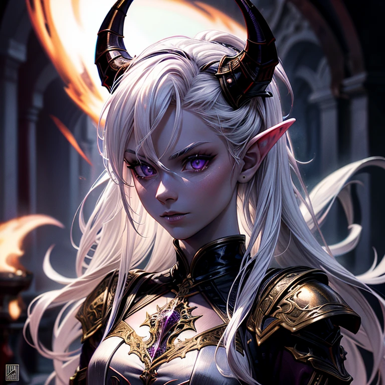 masterpiece, highest quality, (solo focus), (perfect face:1.1), (high detail:1.1), (hyper detailed eyes), dramatic, a tiefling woman with pale white skin and long voluminous white hair, purple eyes, solo, long hair, purple horns, toned body, athletic body, metal-plated armor, arrogant expression, holding sword, throwing a fireball forest, fantasy setting, detailed background, cinematic lighting