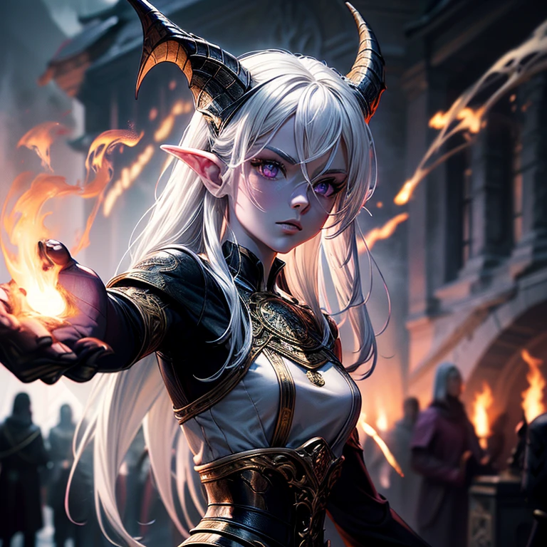 masterpiece, highest quality, (solo focus), (perfect face:1.1), (high detail:1.1), (hyper detailed eyes), dramatic, a tiefling woman with pale white skin and long voluminous white hair, purple eyes, solo, long hair, purple horns, toned body, athletic body, metal-plated armor, arrogant expression, holding sword, throwing a fireball forest, fantasy setting, detailed background, cinematic lighting