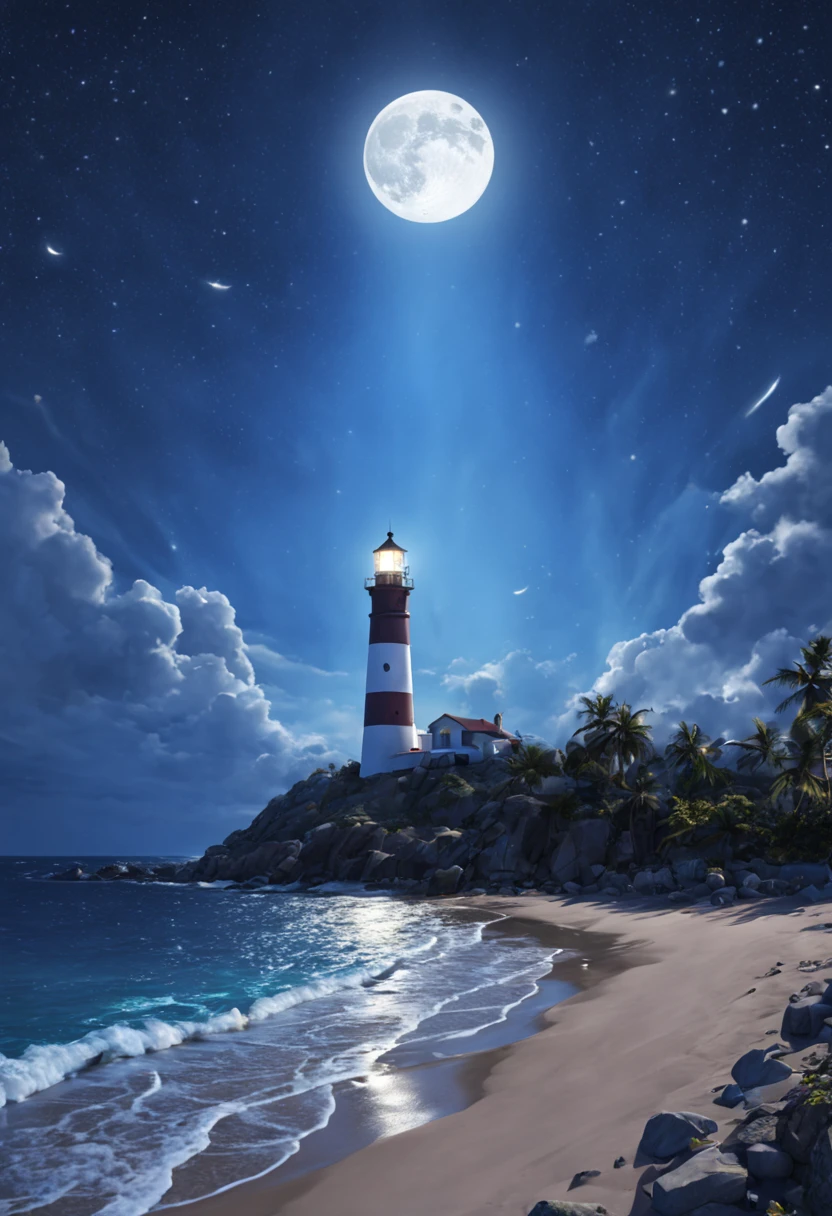 The nearby beach is dotted with colorful glowing stones in the distance，There is a lighthouse，large moon，Fluorescent ocean，Moonlight and shining stars 3d，Ultra-wide viewing angle，bird's eyes view，Moonlight fills the stars on the sea，reflector，CG，volumettic light，space art，Bio-luminescence，Unreal Engine5，Magic Light，Ultra-wide viewing angle，bird's eyes view，Ultra-wide viewing angle，8k 8k ar 9 16 zoom MJK relax moon，large moon，rays of moonlight，urea，8K ultra-clear picture quality