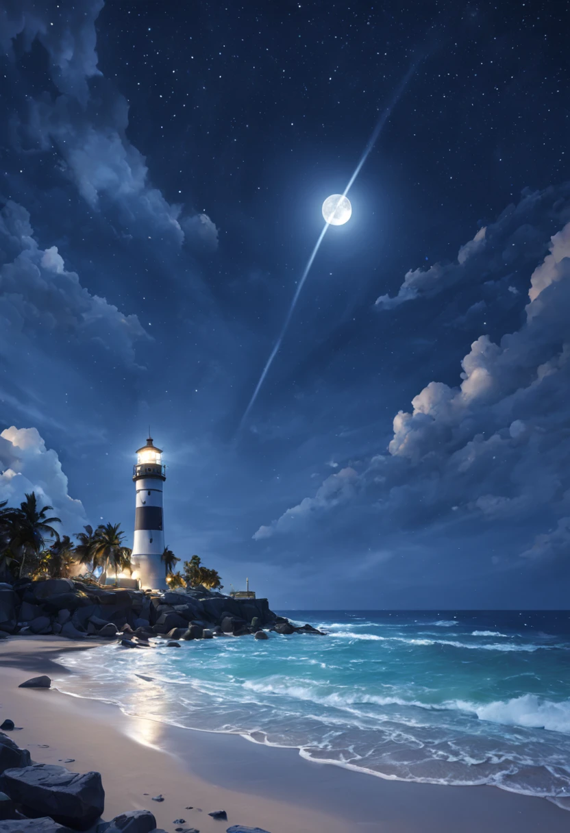 The nearby beach is dotted with colorful glowing stones in the distance,There is a lighthouse,large moon,Fluorescent ocean,Moonlight and shining stars 3d,Ultra-wide viewing angle,bird's eyes view,Moonlight fills the stars on the sea,reflector,CG,volumettic light,space art,Bio-luminescence,Unreal Engine5,Magic Light,Ultra-wide viewing angle,bird's eyes view,Ultra-wide viewing angle,8k 8k ar 9 16 zoom MJK relax moon,large moon,rays of moonlight,urea,8K ultra-clear picture quality