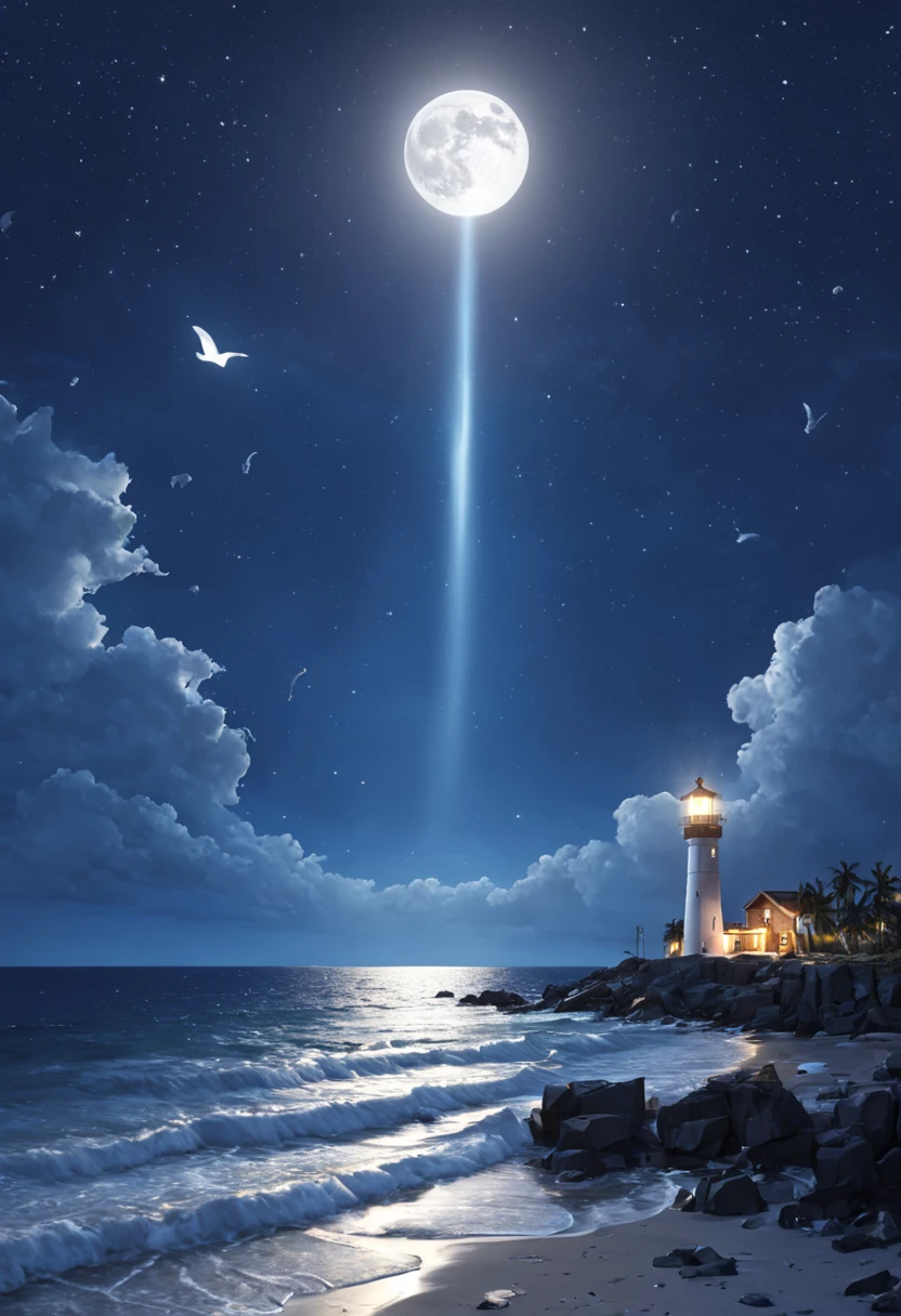 The nearby beach is dotted with colorful glowing stones in the distance,There is a lighthouse,large moon,Fluorescent ocean,Moonlight and shining stars 3d,Ultra-wide viewing angle,bird's eyes view,Moonlight fills the stars on the sea,reflector,CG,volumettic light,space art,Bio-luminescence,Unreal Engine5,Magic Light,Ultra-wide viewing angle,bird's eyes view,Ultra-wide viewing angle,8k 8k ar 9 16 zoom MJK relax moon,large moon,rays of moonlight,urea,8K ultra-clear picture quality