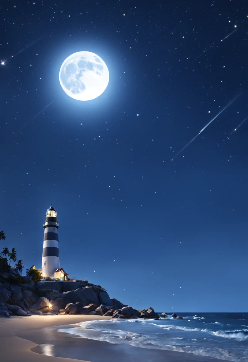 The nearby beach is dotted with colorful glowing stones in the distance,There is a lighthouse,large moon,Fluorescent ocean,Moonlight and shining stars 3d,Ultra-wide viewing angle,bird's eyes view,Moonlight fills the stars on the sea,reflector,CG,volumettic light,space art,Bio-luminescence,Unreal Engine5,Magic Light,Ultra-wide viewing angle,bird's eyes view,Ultra-wide viewing angle,8k 8k ar 9 16 zoom MJK relax moon,large moon,rays of moonlight,urea,8K ultra-clear picture quality