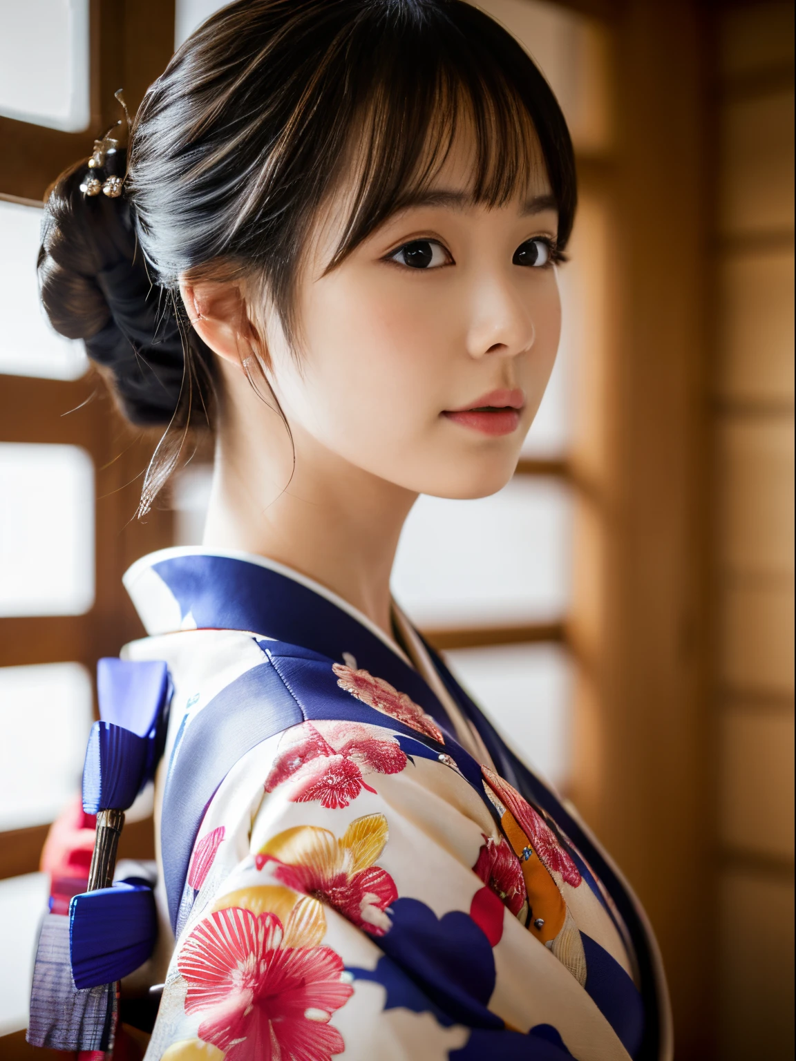 Kimono, Obi, (8K, Raw photo, Best Quality, masutepiece: 1.2), (Realistic: 1.6), (masutepiece), (Best Quality: 1.0), (Ultra Hi-Res: 1.0), detail, 20s, One, Detail beautiful skin, Detail room, ,Realistic skin