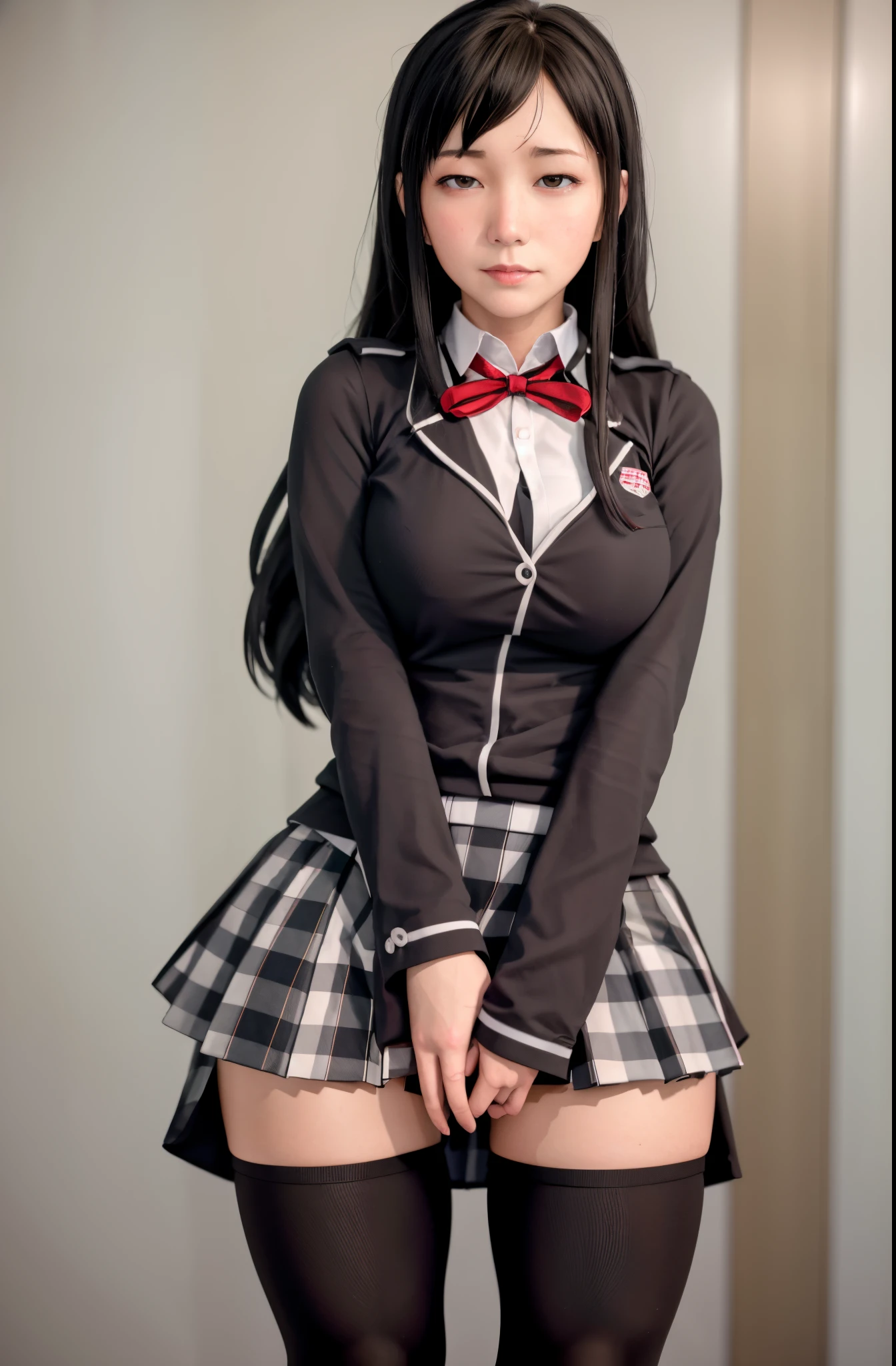 (full figure:1.1), 1 girl as yukino yukinoshita, absurdres, highres, solo, school uniform, big breasts, waist long black hair, (twintails:0.5), miniskirt, (black thighhigh socks:1.1), loose red ribbon, unbuttoned white shirt, (ahegao:1.1), (rolling eyes:1.1), (female masturbation:1.1)